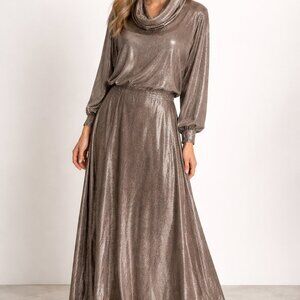 Metallic Shimmer 2 Piece Set Cowl Neck Blouse & Flowy Maxi Skirt Mob Wife